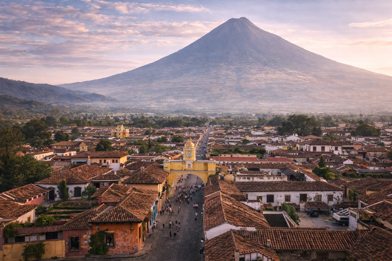 Guatemala Antigua city aerial view with volcano behind – best eSIM coverage 2026