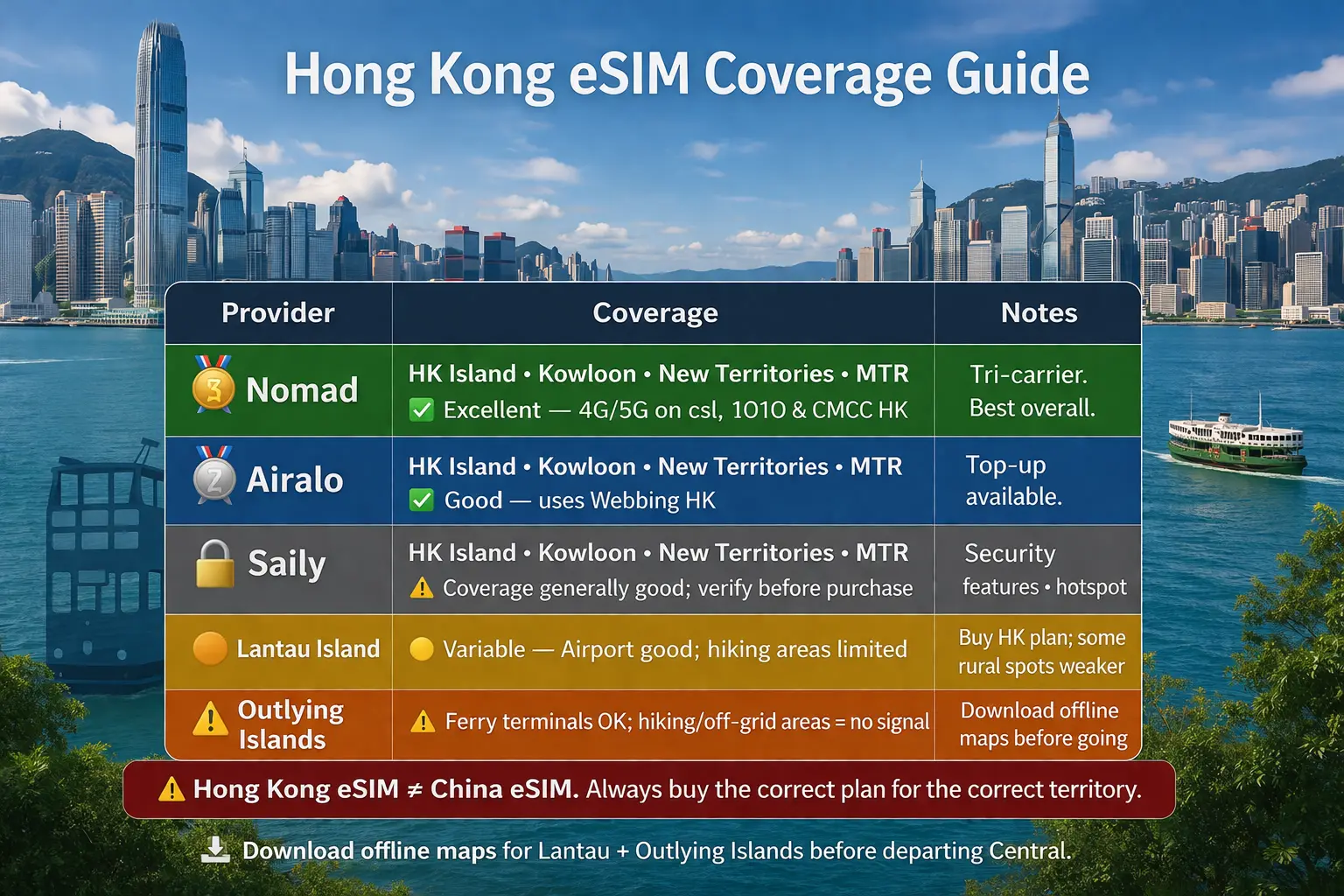 Hong Kong eSIM coverage guide showing Hong Kong Island Kowloon MTR network Lantau Island and outlying islands signal quality and offline areas