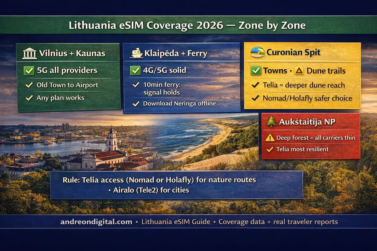 best eSIM for Lithuania 2026 coverage map showing Vilnius Klaipeda Curonian Spit and Aukstaitija network differences