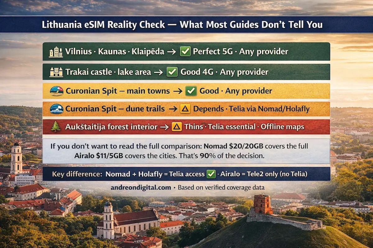 Lithuania eSIM coverage comparison showing Telia vs Tele2 across cities coast and forests