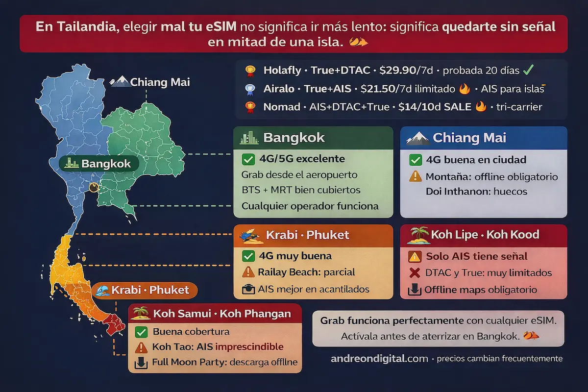 mapa cobertura eSIM Tailandia 2026 Bangkok Chiang Mai Phuket islas Koh Samui Koh Tao Koh Lipe que operador funciona