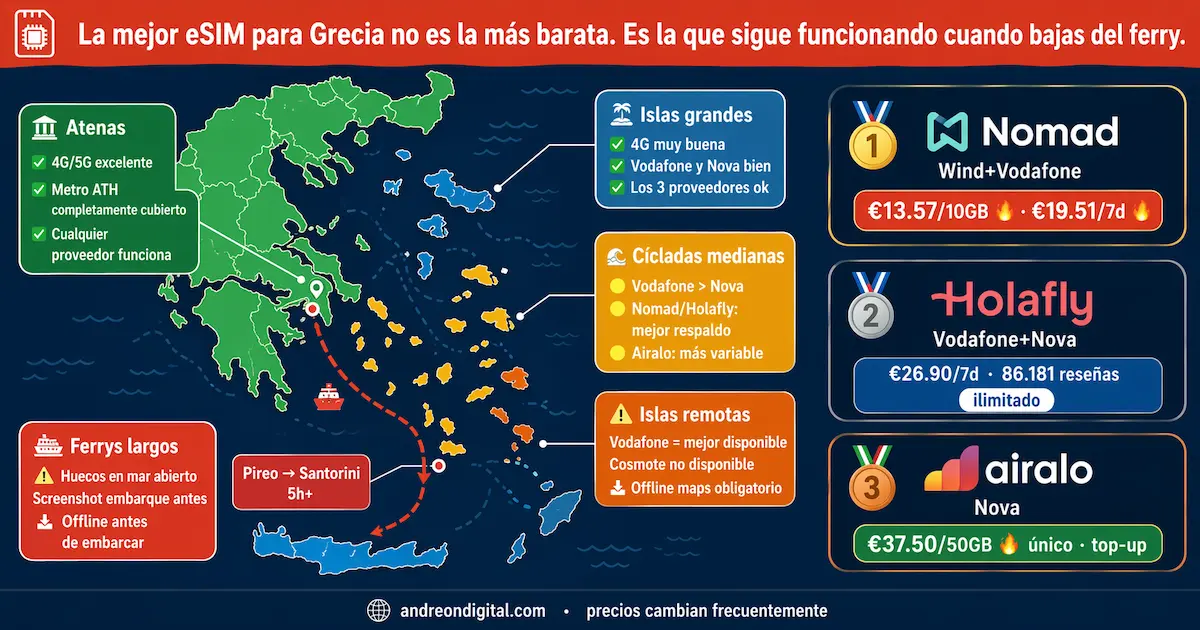 mejor eSIM para Grecia 2026 mapa cobertura islas Santorini ferrys operadores Nomad Holafly Airalo