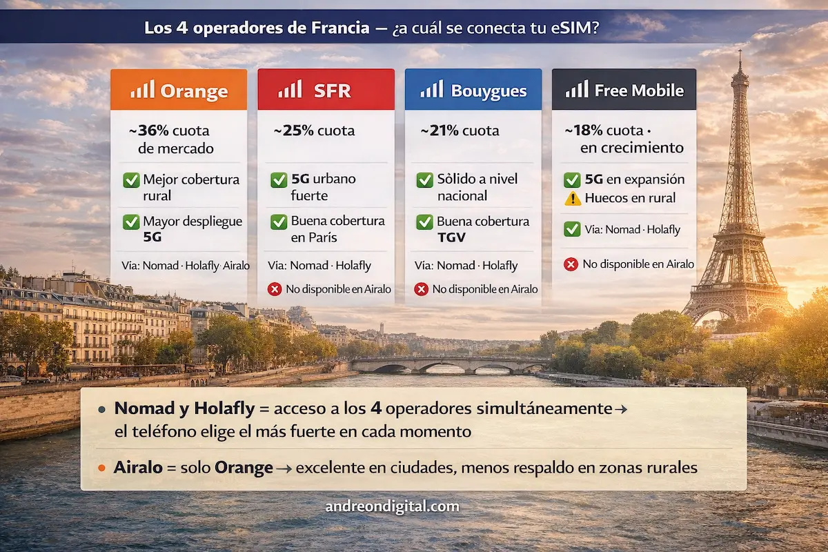 Operadores móviles en Francia: Orange, SFR, Bouygues y Free Mobile mejor esim para francia 2026 operadores orange sfr bouygues free cobertura