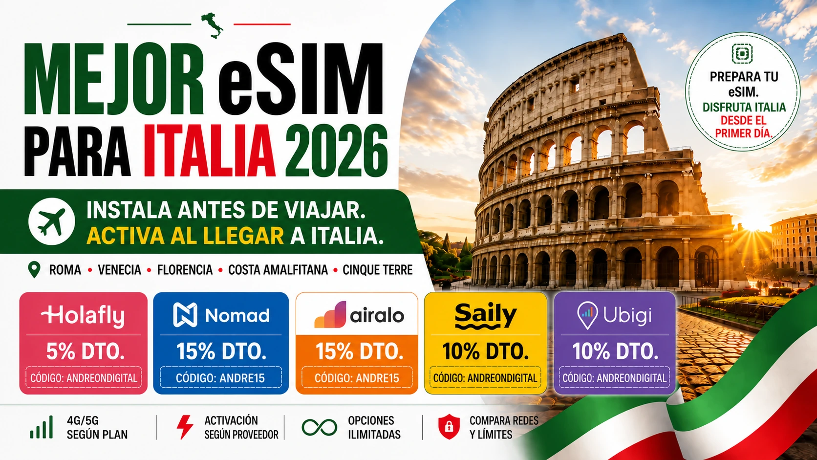 Mejor eSIM para Italia 2026: portada con el Coliseo de Roma y los proveedores Holafly, Nomad, Airalo, Saily y Ubigi.