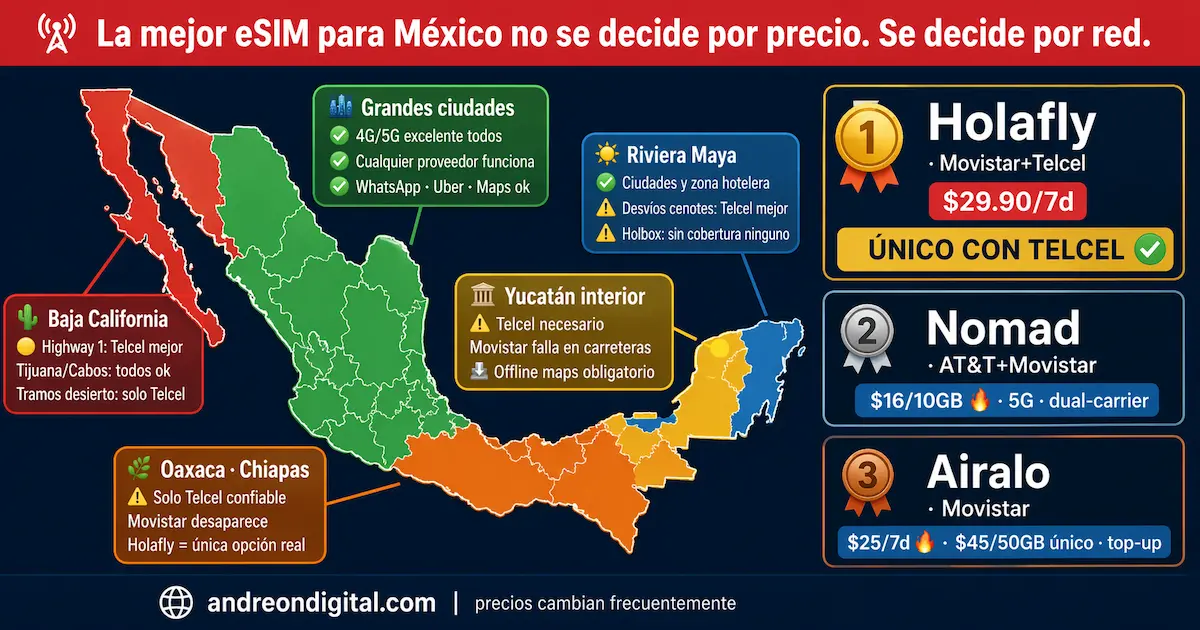 Mapa cobertura eSIM Mexico Telcel AT&T Movistar zonas 2026