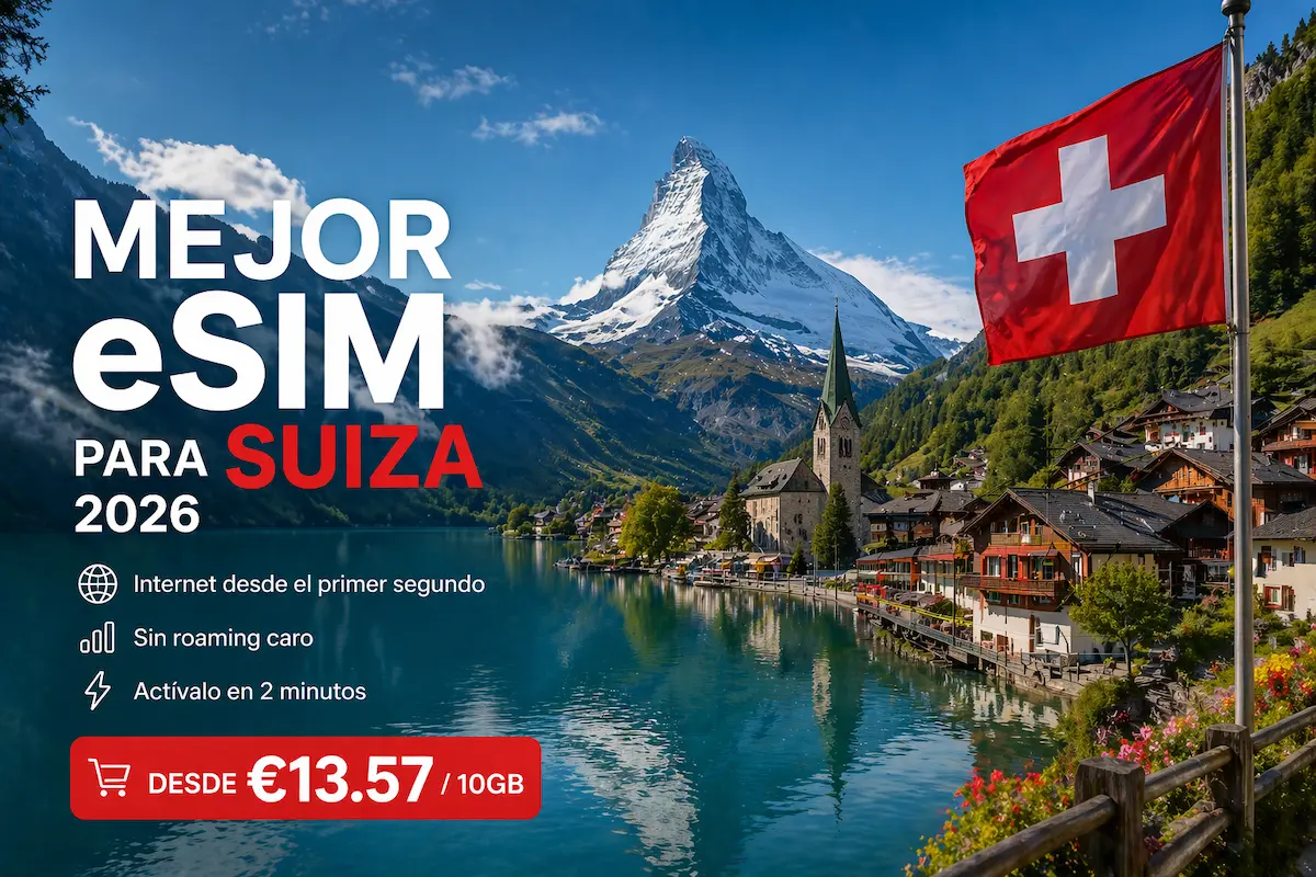 Mejor eSIM para Suiza 2026 con precios desde 13 euros en lago alpino con el Matterhorn al fondo