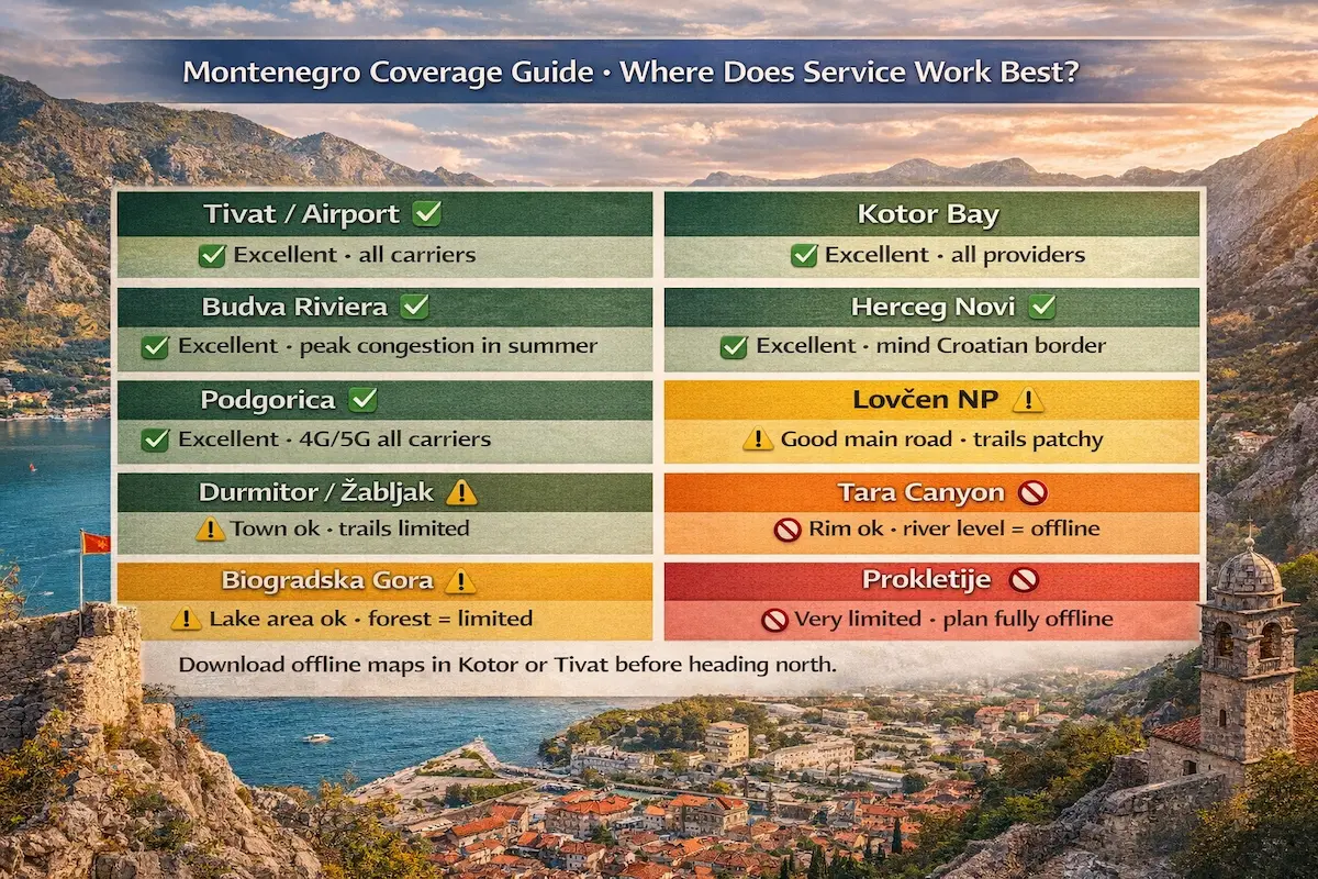 Montenegro eSIM coverage map best signal locations Kotor Budva Podgorica Durmitor Tara Canyon mobile network 2026