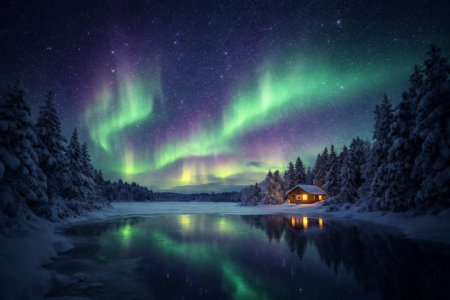 Northern Lights in Finland Lapland over frozen lake with cabin — best eSIM for Finland 2026 travel destination
