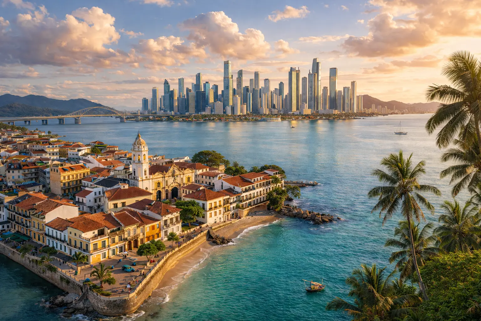 Panama City skyline and Casco Viejo at sunset with ocean view — real travel photo 2026