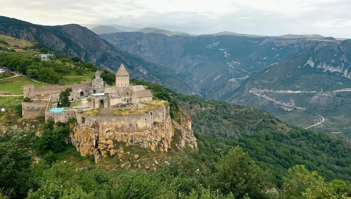Tatev Monastery on a cliff above Vorotan Gorge in Armenia, dramatic mountain landscape view