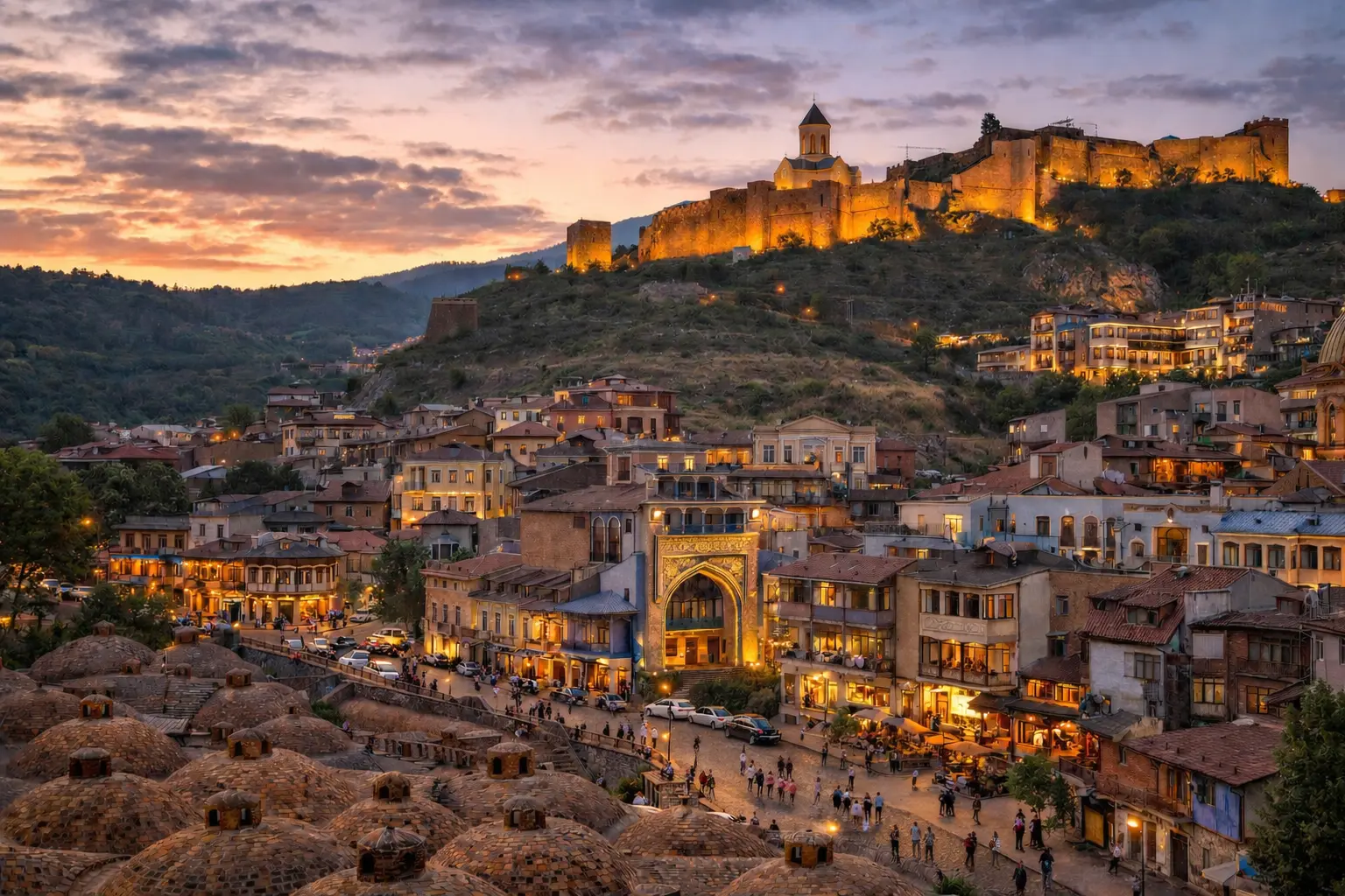Tbilisi Old Town at sunset — Georgia’s most beautiful city view tbilisi old town sunset georgia skyline sulfur baths narikala fortress view