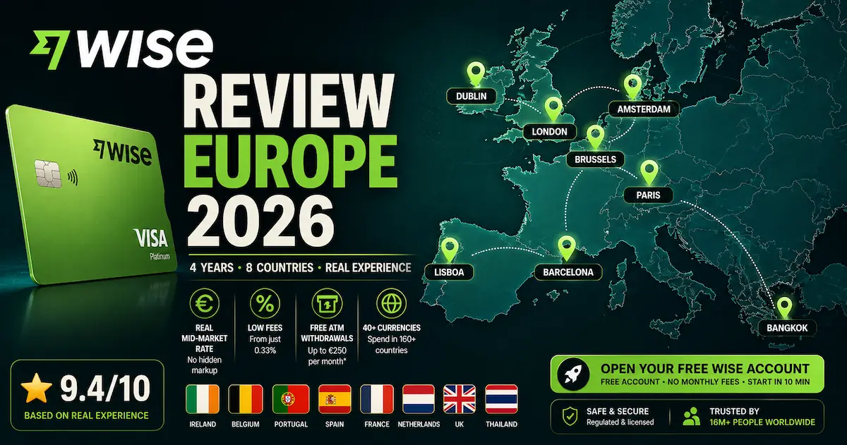 Wise Review Europe 2026 with map showing real usage across Dublin London Brussels Paris Amsterdam Lisbon Barcelona and Bangkok highlighting low fees free ATM withdrawals and multi currency account benefits