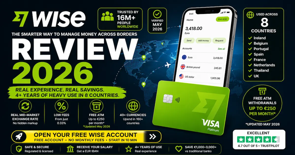 Wise Review Europe 2026 showing real fees, ATM withdrawals and multi-currency account used across 8 countries in Europe