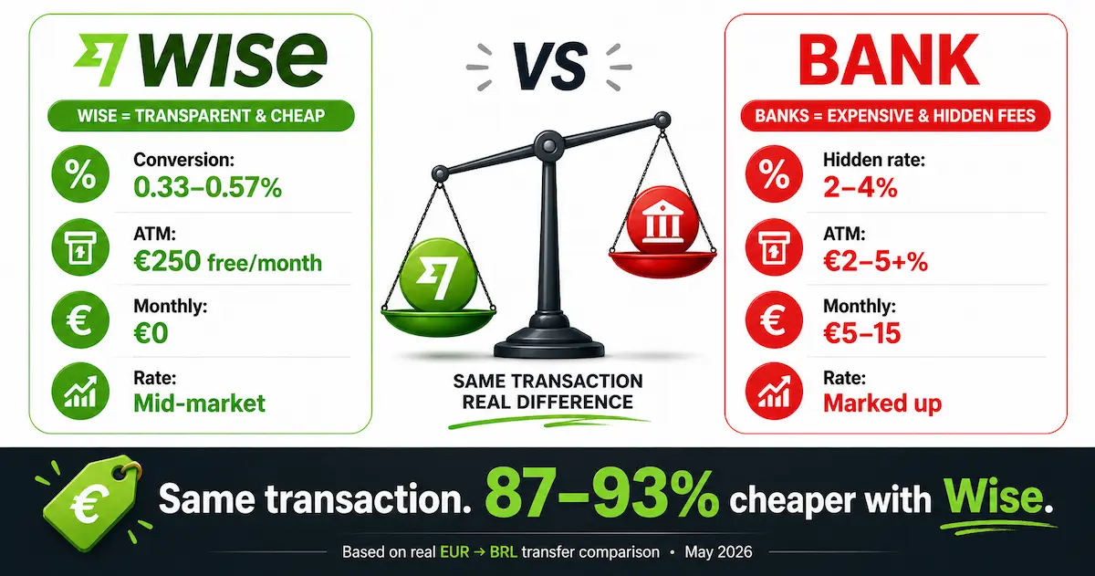 Wise vs traditional bank fees comparison Europe 2026 showing 0.33 to 0.57 percent conversion fees free ATM up to 250 euros and 87 to 93 percent cheaper transactions compared to banks with hidden fees