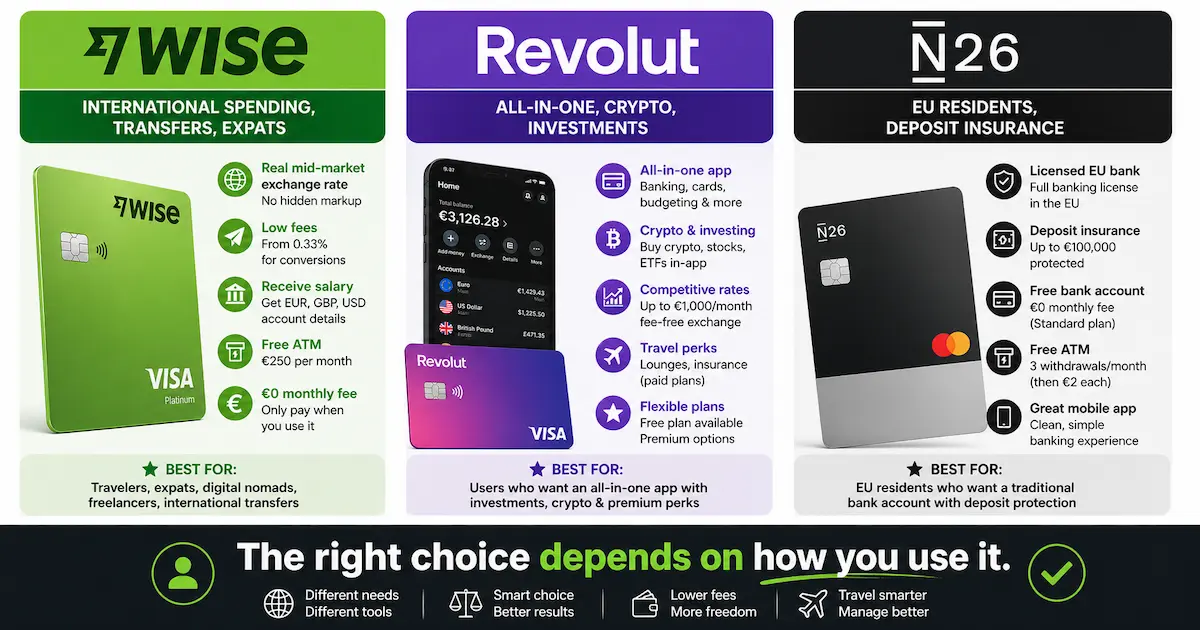 Wise vs Revolut vs N26 comparison Europe 2026 showing differences in fees international spending crypto features and banking benefits for expats travelers and EU residents