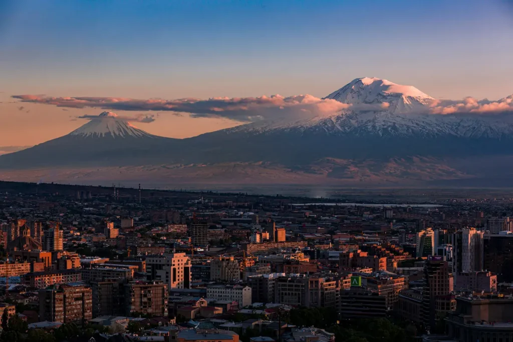 Yerevan city skyline at sunset with Mount Ararat in the background, Armenia iconic landscape