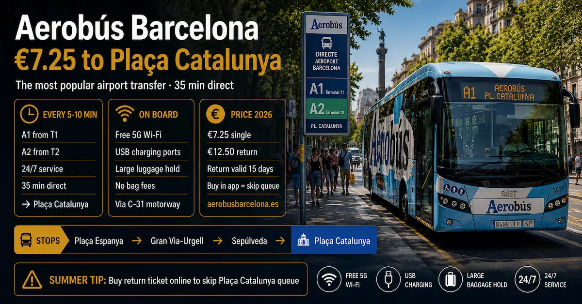 Aerobus Barcelona airport to Plaça Catalunya 2026 A1 A2 transfer