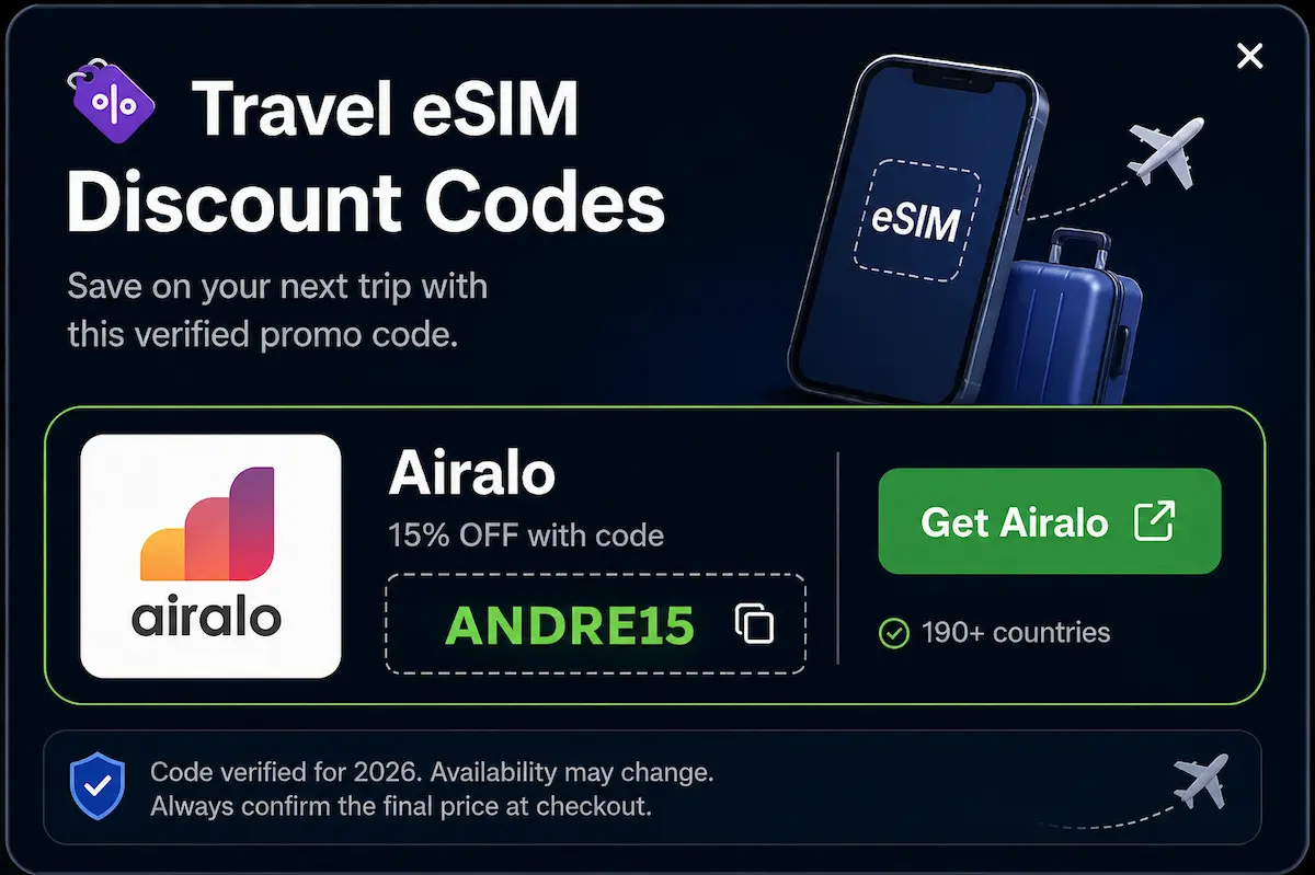 Airalo eSIM discount code ANDRE15 15 percent off travel eSIM plans 2026 Europe international travel