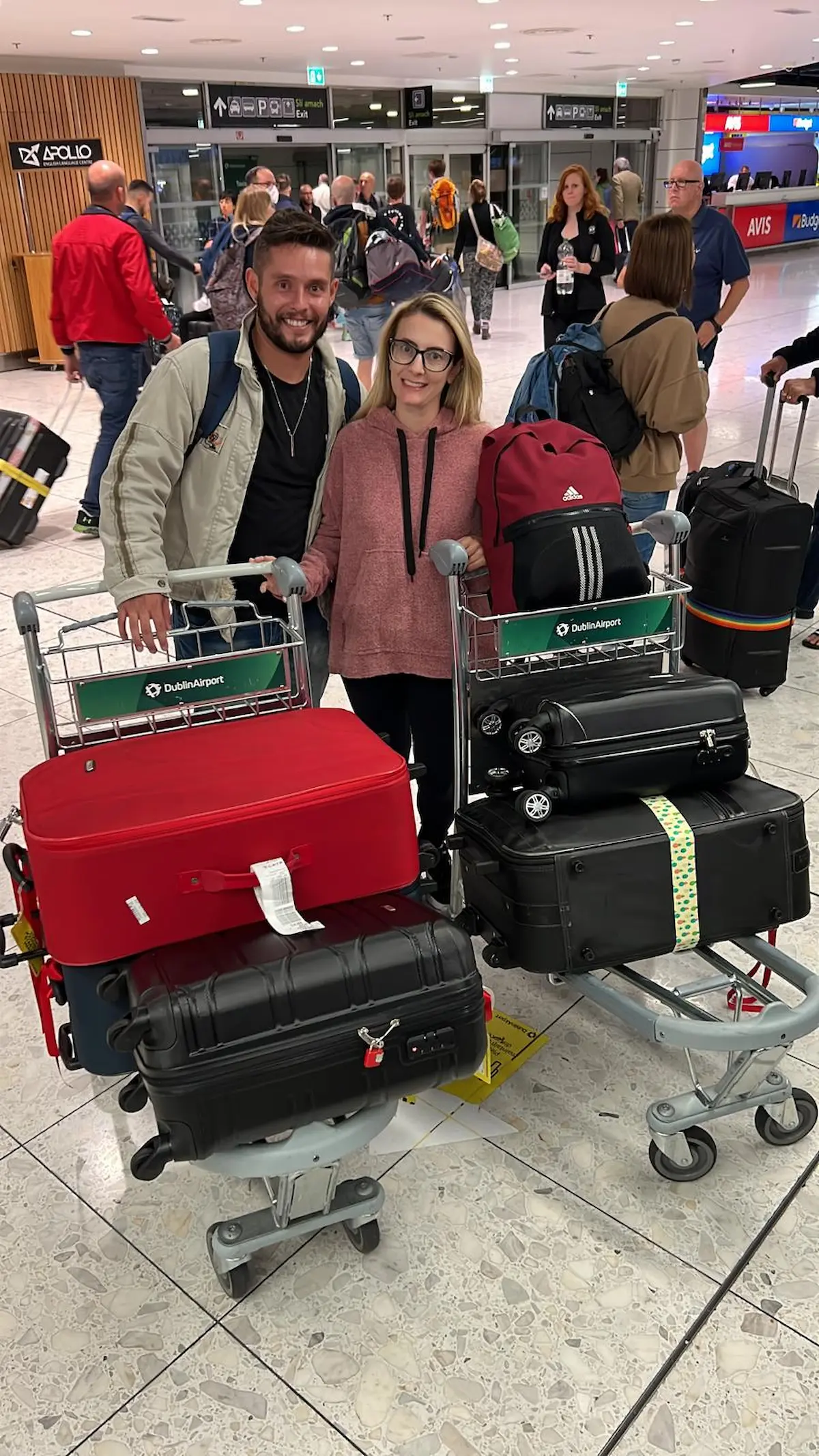 andre and nicoli arriving at dublin airport ireland moving to europe life abroad international travel journey
