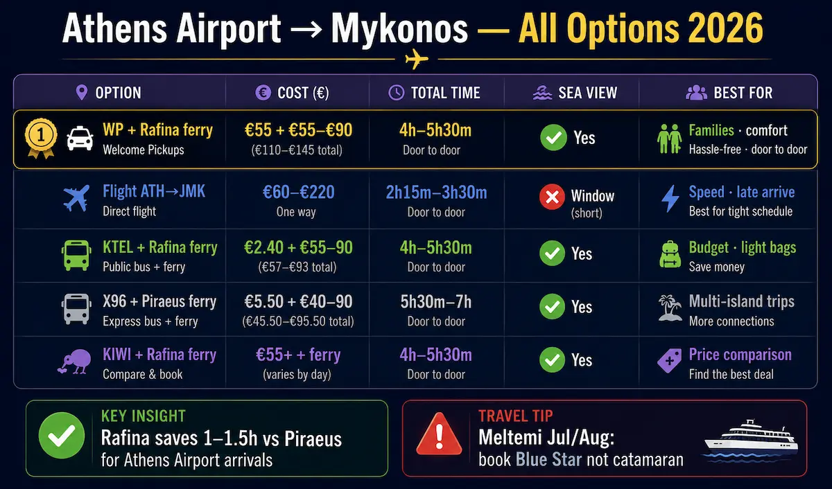Athens Airport to Mykonos all options comparison 2026 flight Rafina ferry Piraeus ferry KTEL private transfer