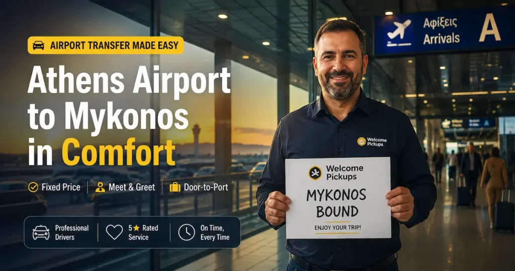 athens airport to mykonos private transfer welcome pickups driver airport meet and greet 2026