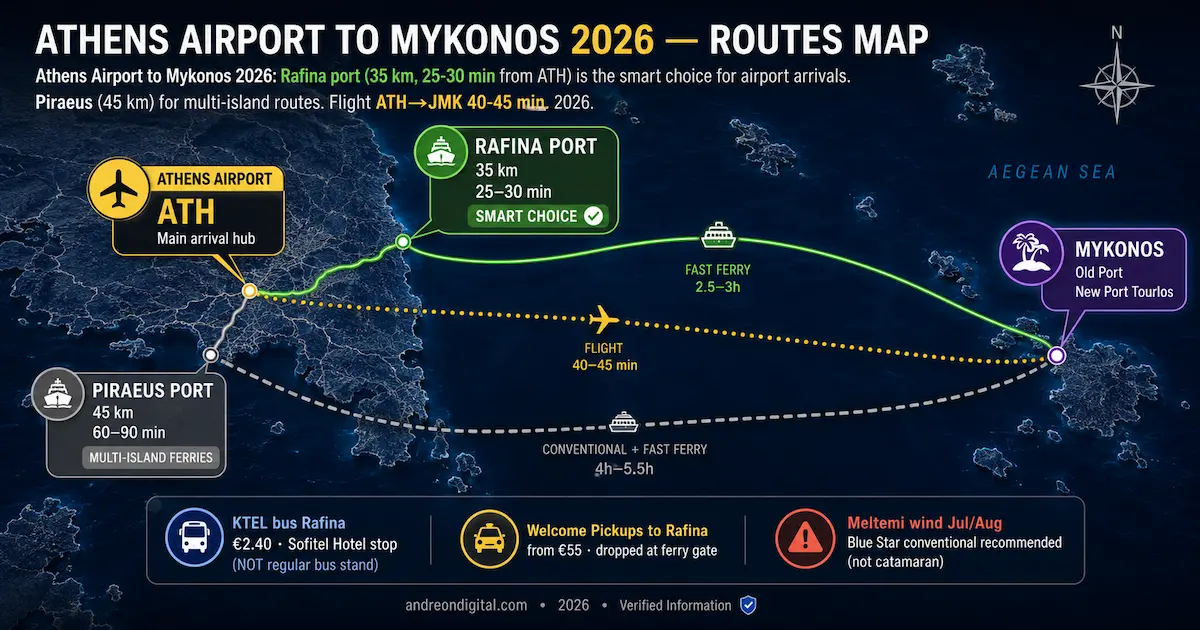 Athens Airport to Mykonos routes map 2026 Rafina port Piraeus port ferry and flight options