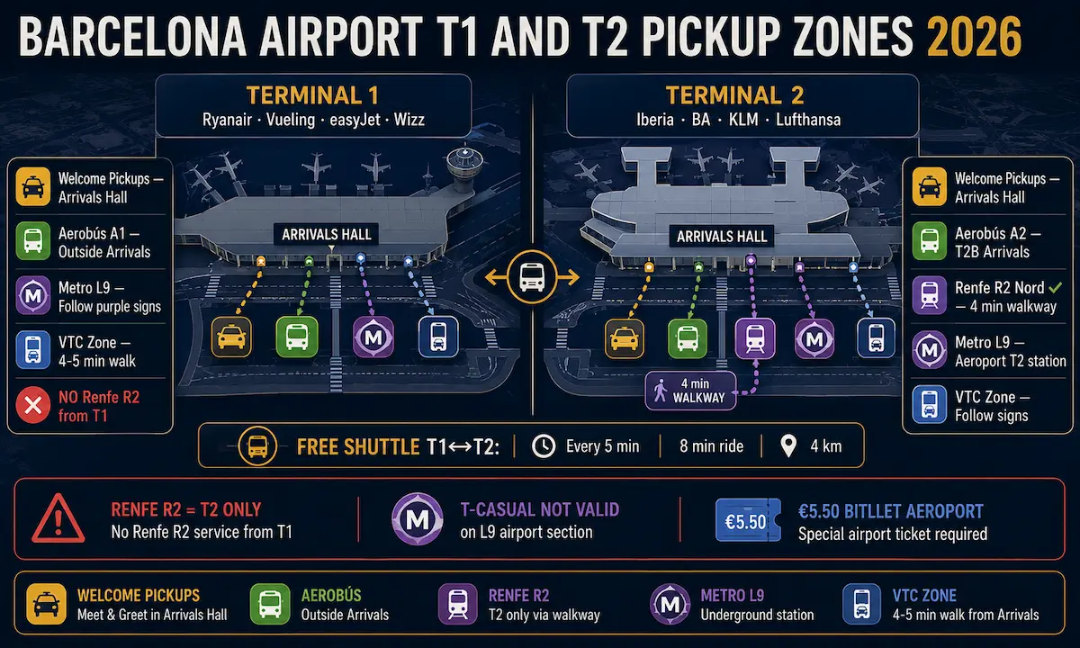 Barcelona airport T1 T2 pickup zones taxi Uber Bolt Welcome Pickups 2026