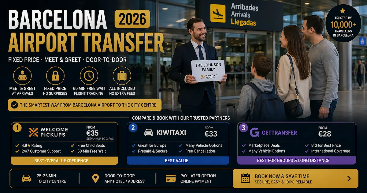 barcelona airport transfer 2026 meet and greet welcome pickups kiwitaxi gettransfer family arrivals hall private driver bcn