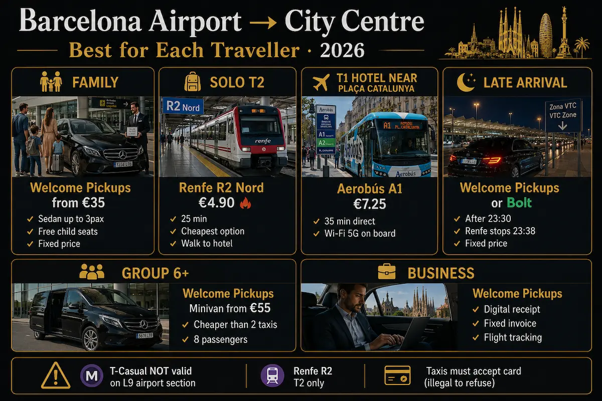 Barcelona airport transport comparison 2026 best transfer option Aerobus taxi Renfe private transfer