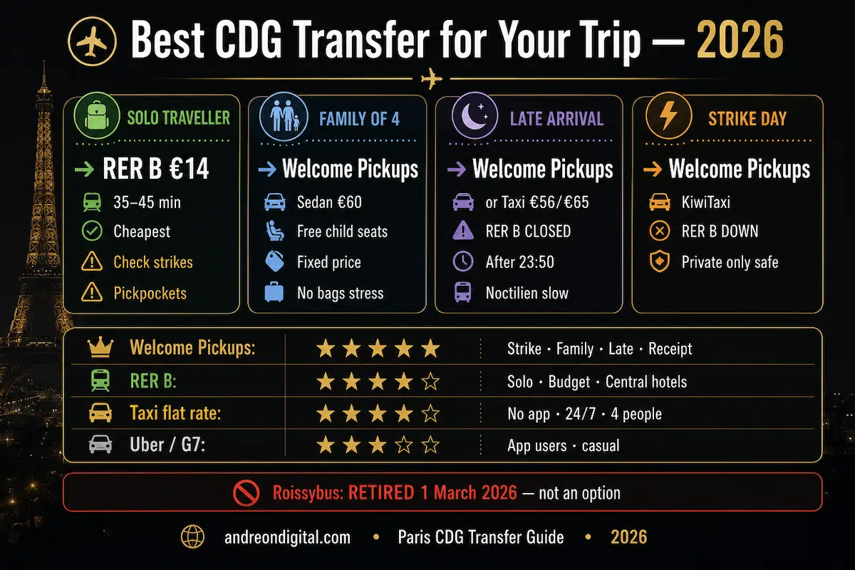 Best CDG airport transfer Paris 2026 final verdict by traveler type RER B taxi Welcome Pickups KiwiTaxi