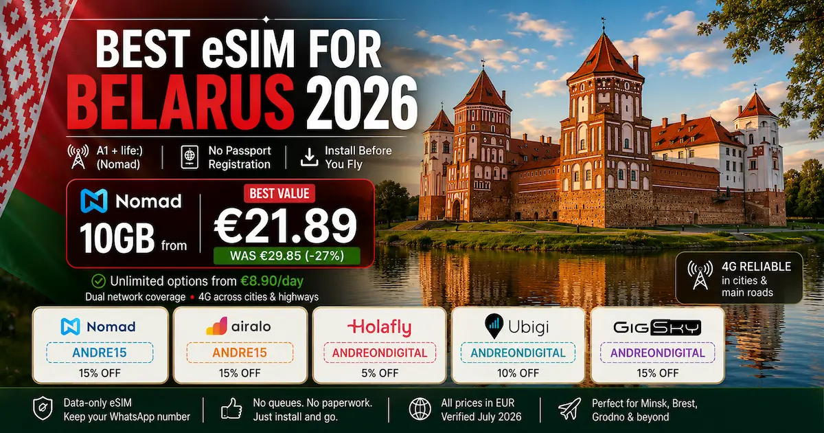 Best eSIM for Belarus 2026 at Mir Castle featuring Nomad, Airalo, Holafly, Ubigi and GigSky with A1, MTS and life:) network comparison, Nomad from €21.89 and Belarus travel eSIM discounts.