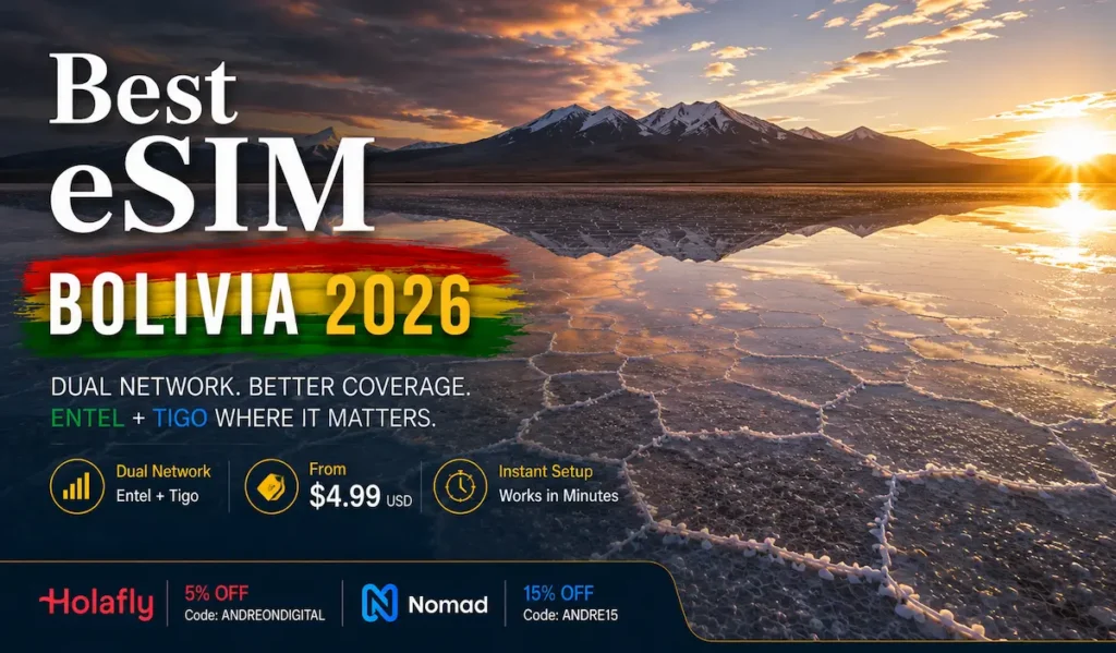 Best eSIM for Bolivia 2026 with Entel and Tigo coverage, $4.99 starting price, Holafly and Nomad discount codes, shown over Salar de Uyuni at sunset