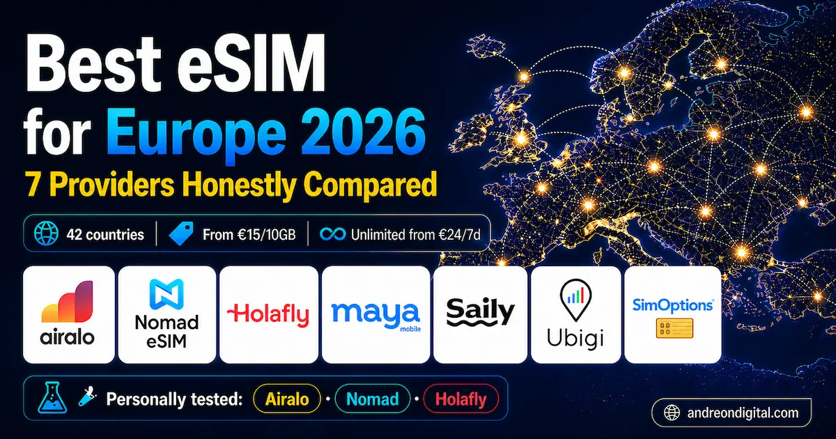 Best eSIM for Europe 2026 comparison showing Airalo Nomad Holafly Maya Saily Ubigi and SimOptions with prices coverage and 42 countries highlighted