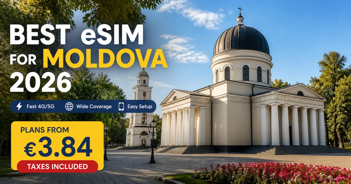 Best eSIM for Moldova 2026 showing Chisinau Cathedral with plans from €3.84, fast 4G/5G, wide coverage and easy setup for travelers in Moldova