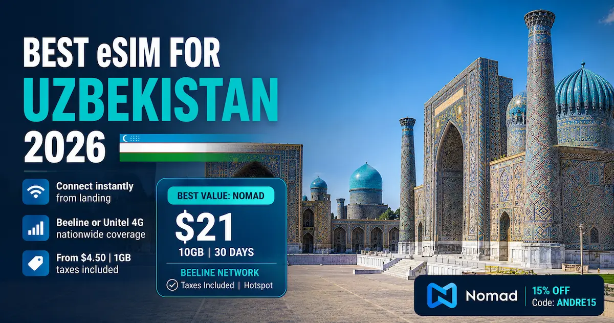 Best eSIM for Uzbekistan 2026 featuring Nomad on Beeline network at Registan Square in Samarkand with 10GB plan pricing, nationwide 4G coverage, and instant activation before arrival