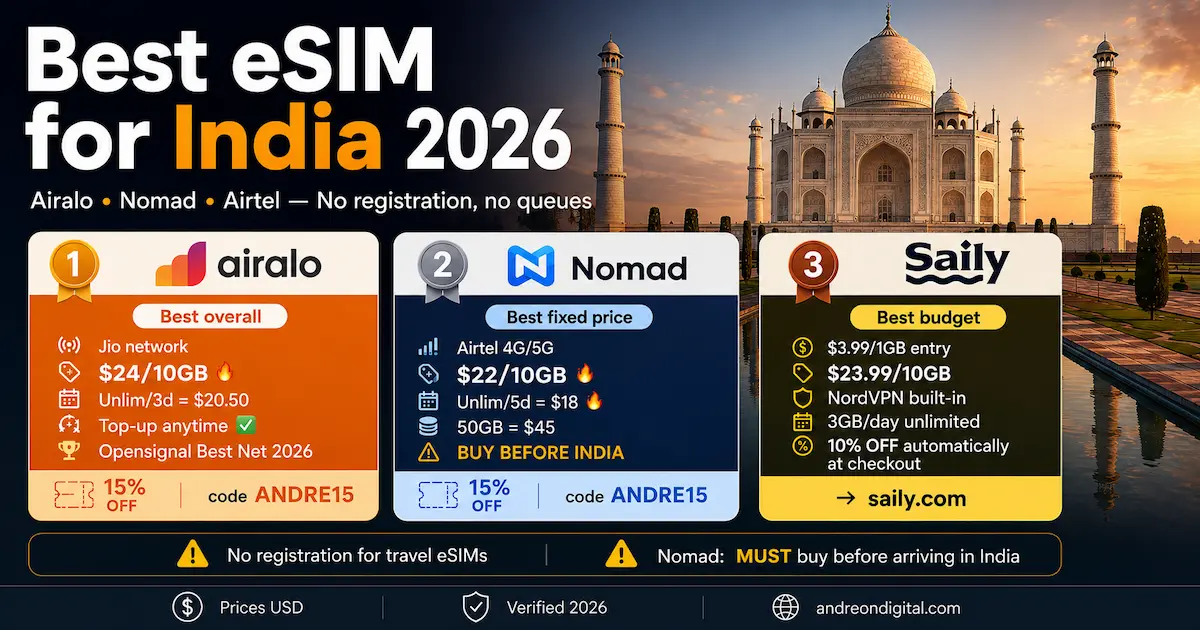 best esim for india 2026 airalo nomad saily jio airtel no registration travel esim comparison