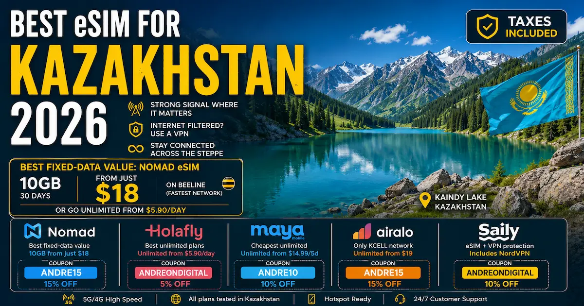 Best eSIM for Kazakhstan 2026 showing Kaindy Lake with Nomad 10GB for $18, Holafly unlimited, Airalo KCELL coverage, Maya Mobile, Saily VPN and Kazakhstan travel connectivity.