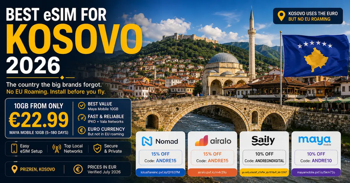 Best eSIM for Kosovo 2026 featuring Prizren Stone Bridge, Maya Mobile 10GB from €22.99, Nomad, Airalo, Saily discount codes, Kosovo uses the euro but no EU roaming, IPKO and Vala networks.