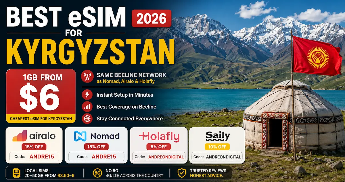 Best eSIM for Kyrgyzstan 2026 featuring Issyk-Kul Lake, Tian Shan Mountains and comparison of Airalo, Nomad, Holafly and Saily on the Beeline network with plans from $6 and local SIM alternatives.