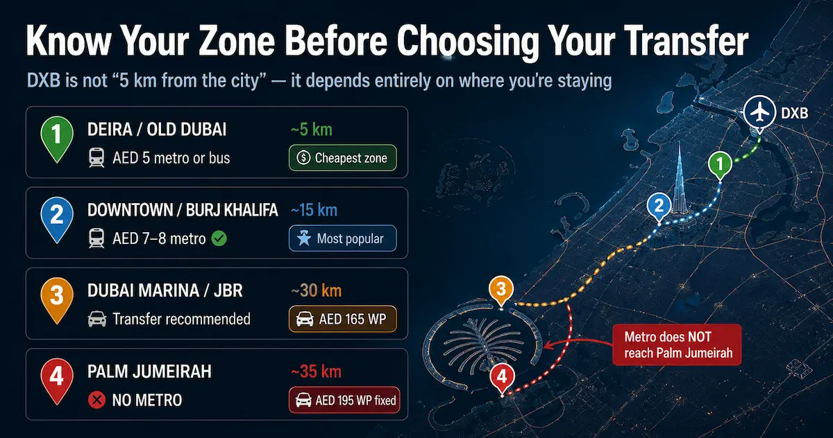 Dubai Airport transfer zones map Downtown Dubai Marina Palm Jumeirah DXB 2026 taxi private transfer metro
