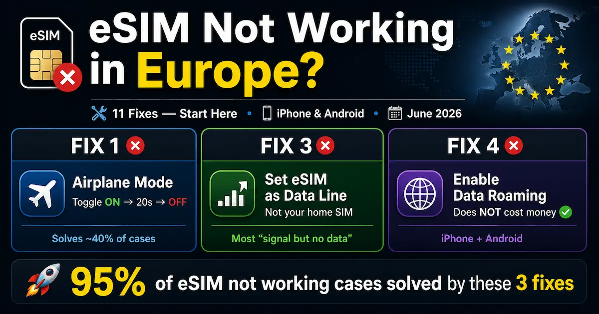 eSIM Not Working in Europe 2026 — Top 3 Fixes That Solve Most Cases eSIM not working in Europe 2026 fixes for iPhone and Android no service no data roaming travel eSIM