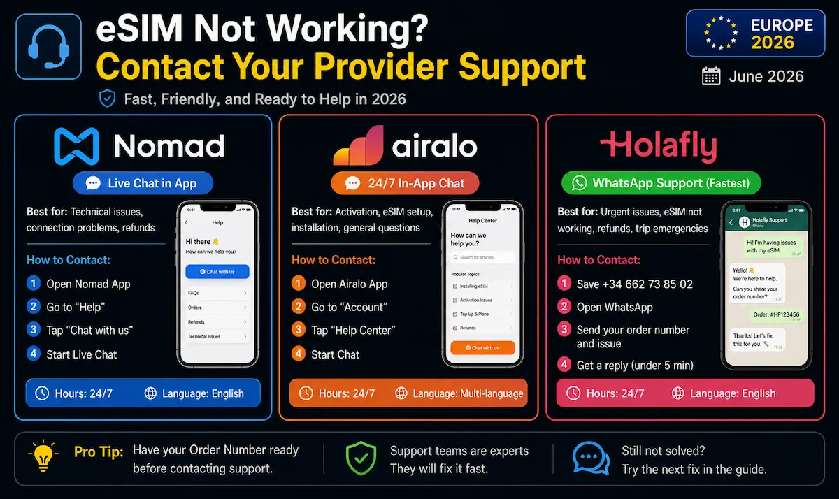 eSIM Support Contacts 2026 — Nomad, Airalo & Holafly Help Guide esim support contacts 2026 nomad airalo holafly whatsapp live chat travel esim europe