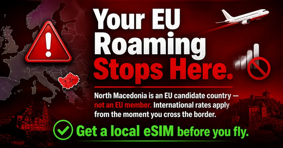 EU roaming does not work in North Macedonia warning image showing international charges and need for local eSIM before travel