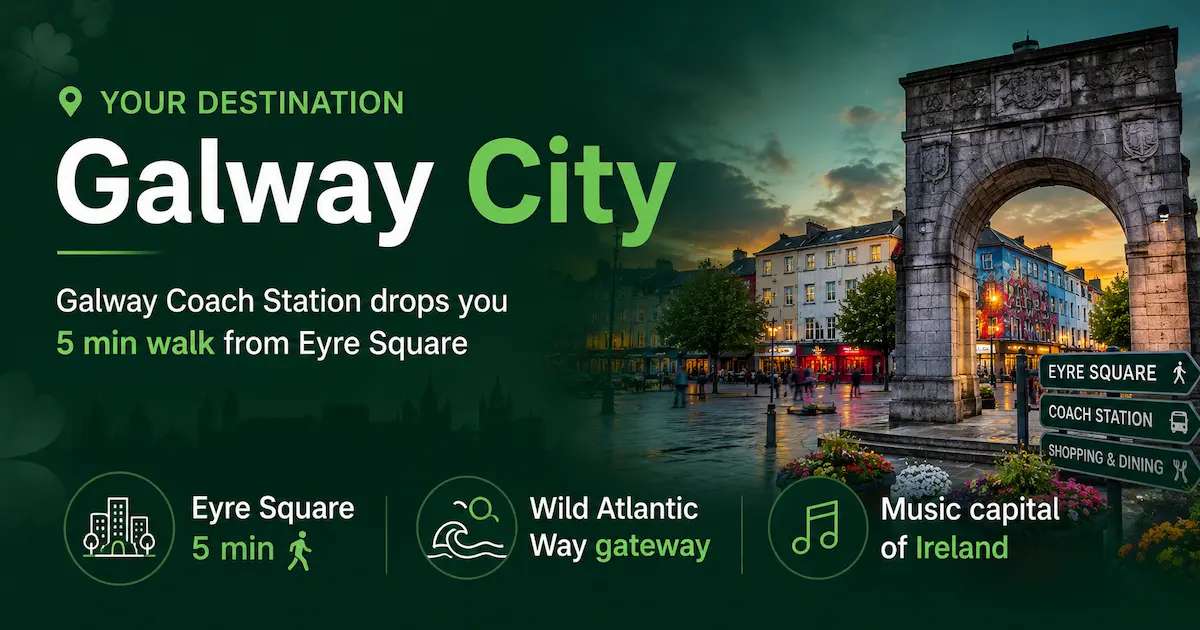 galway city eyre square coach station arrival from dublin airport 2026