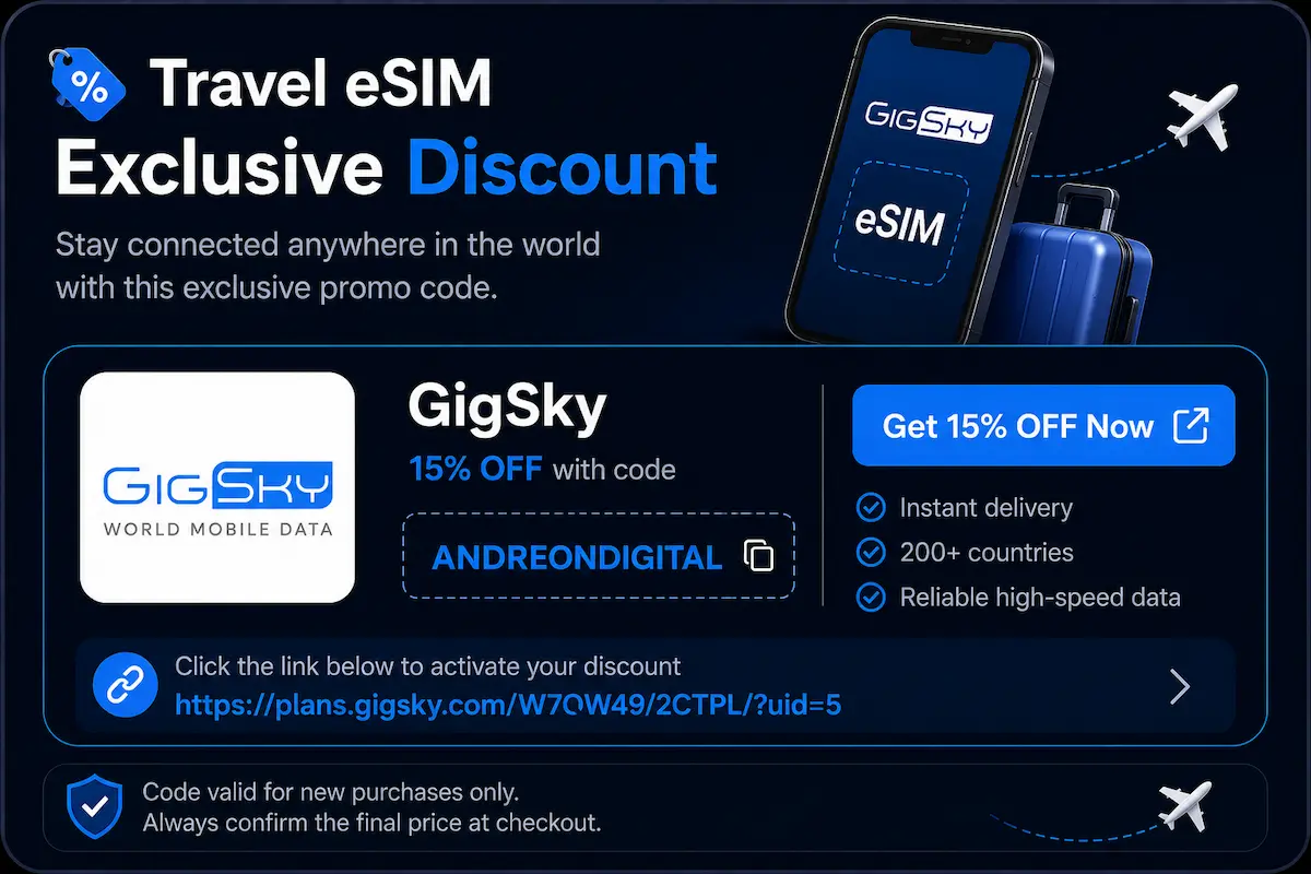 GigSky eSIM discount code ANDREONDIGITAL 15 percent off travel eSIM plans international travel data 2026