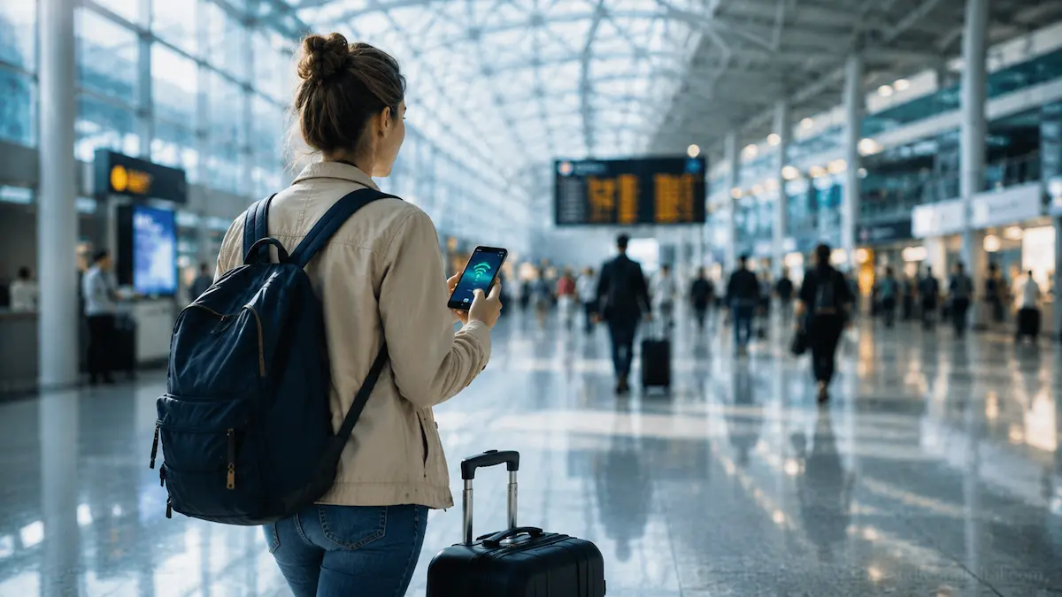 traveler arriving european airport connected mobile data esim working instantly on landing