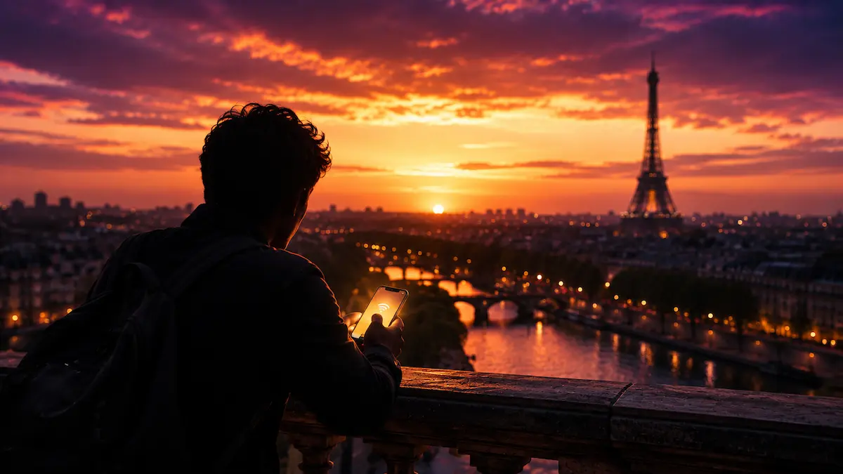 traveler golden hour european viewpoint phone connected esim sunset paris eiffel tower
