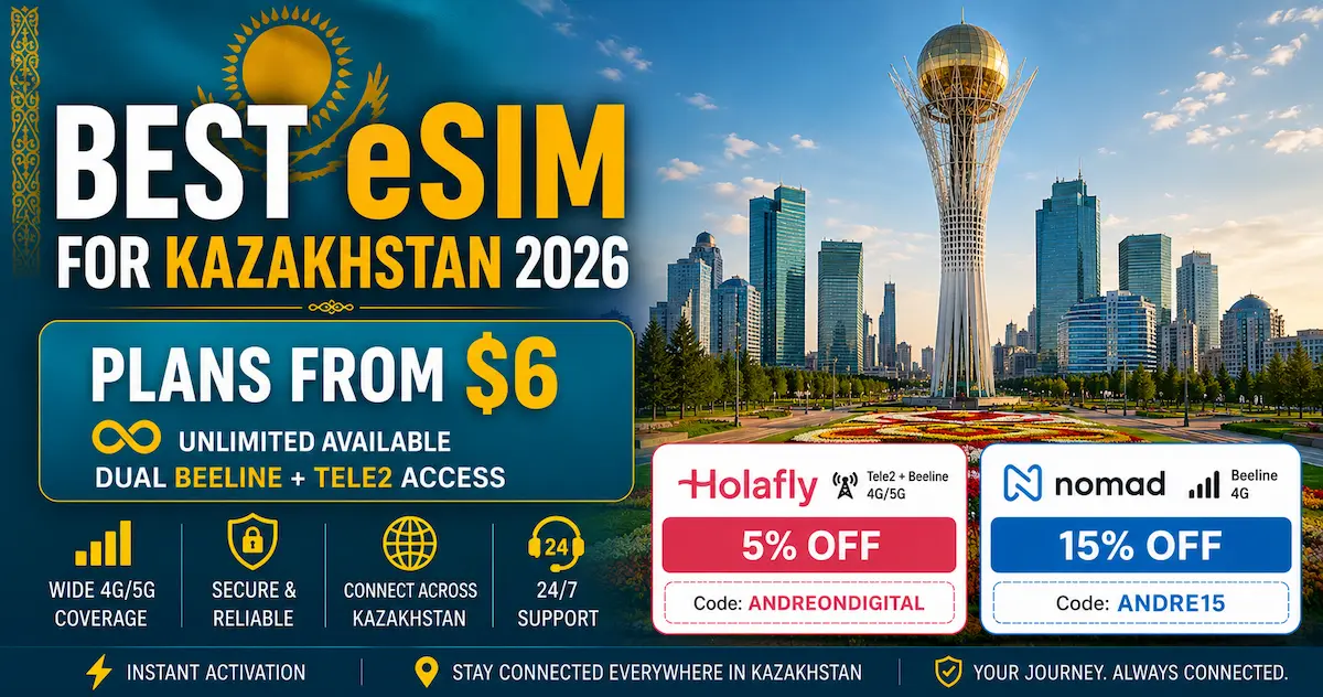 Best eSIM for Kazakhstan 2026 with Holafly and Nomad discounts, unlimited data plans from $6, dual Beeline and Tele2 coverage for Almaty, Astana, and Kazakhstan travel.