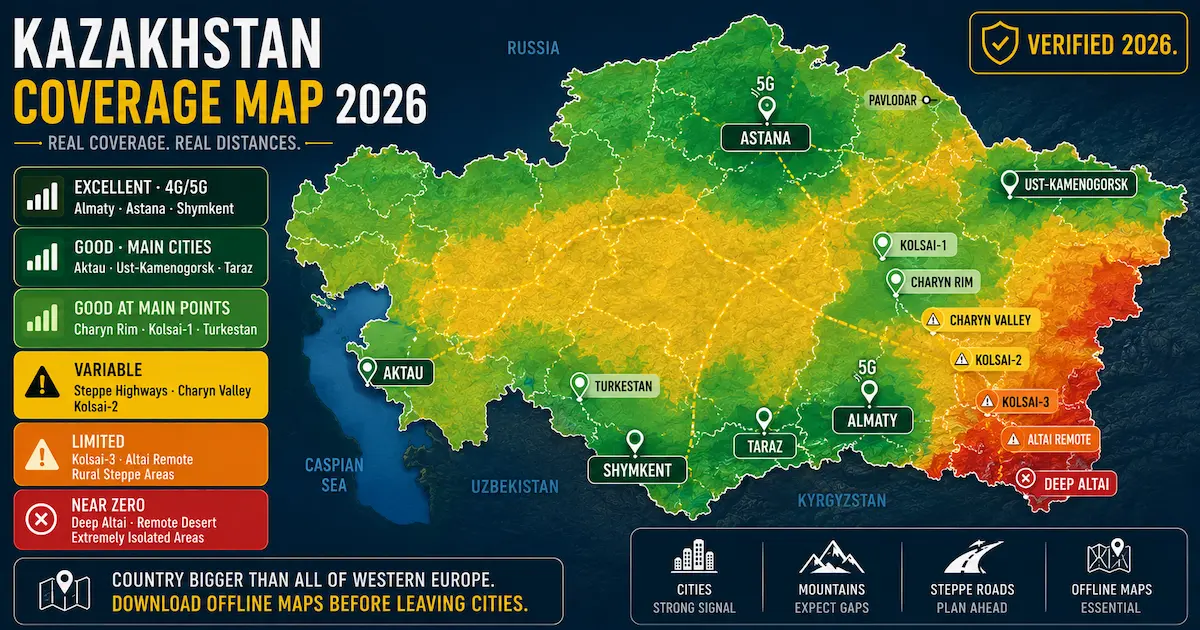 Kazakhstan eSIM coverage map 2026 showing 4G and 5G signal strength across Almaty, Astana, Charyn Canyon, Kolsai Lakes, Altai Mountains, and remote steppe regions.