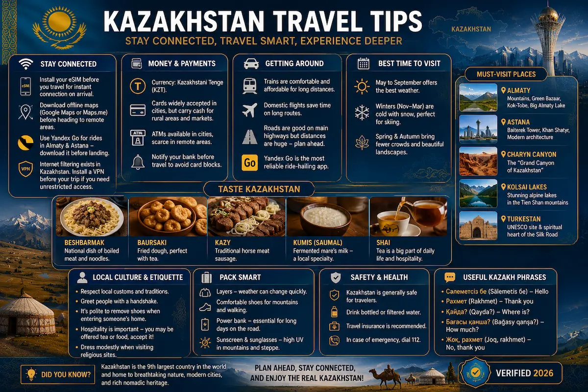 Kazakhstan travel tips 2026 with eSIM setup advice, offline maps, Yandex Go, internet filtering warning, local etiquette, must-visit places, and Kazakhstan travel essentials.